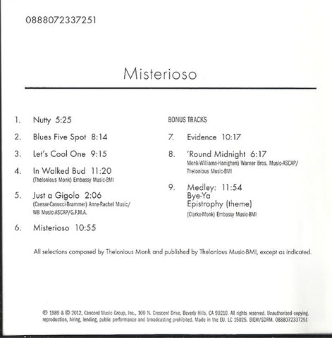 Thelonious Monk Quartet, The - Misterioso (CD)