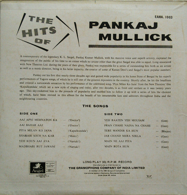 Pankaj Mullick - The Hits Of Pankaj Mullick (Vinyl) Image