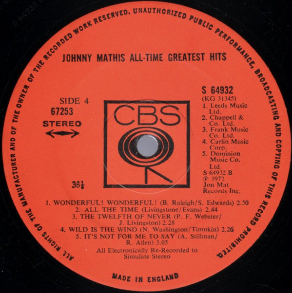 Johnny Mathis - Johnny Mathis' All-Time Greatest Hits (Vinyl) (2 LP) Image