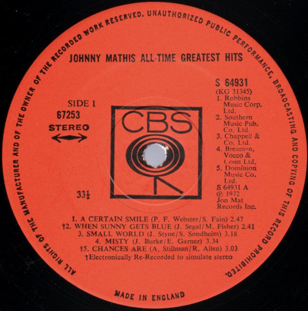 Johnny Mathis - Johnny Mathis' All-Time Greatest Hits (Vinyl) (2 LP) Image