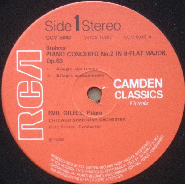 Johannes Brahms - Emil Gilels, Chicago Symphony Orchestra, The, Fritz Reiner - Piano Concerto No. 2 In B Flat Major (Vinyl) Image