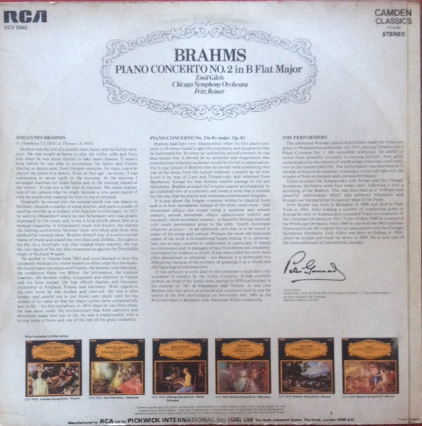 Johannes Brahms - Emil Gilels, Chicago Symphony Orchestra, The, Fritz Reiner - Piano Concerto No. 2 In B Flat Major (Vinyl) Image