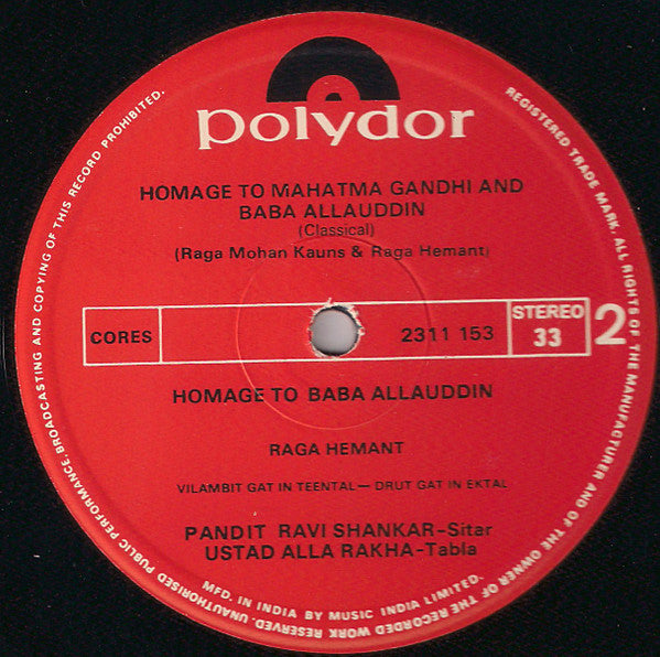 Ravi Shankar - Homage To Mahatma Gandhi & Baba Allauddin (Vinyl)