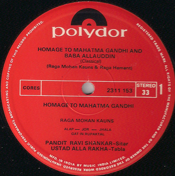 Ravi Shankar - Homage To Mahatma Gandhi & Baba Allauddin (Vinyl) Image