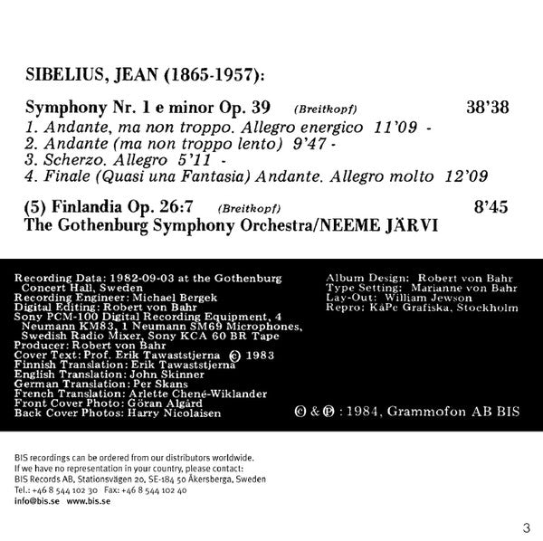 Jean Sibelius, GÃ¶teborgs Symfoniker / Neeme JÃ¤rvi - Symphony Nr. 1 E Minor Op. 39 / Finlandia Op. 26:7 (CD) Image