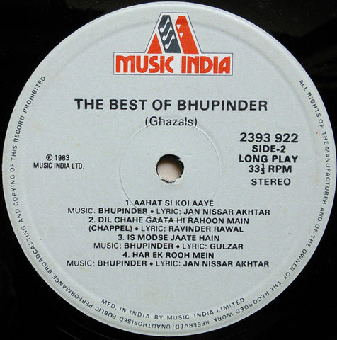 Bhupinder Singh - The Best Of Bhupinder (Ghazals) (Vinyl) Image
