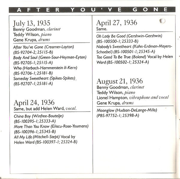 Benny Goodman - After You've Gone (The Original Benny Goodman Trio And Quartet Sessions - Vol. 1) (CD) Image