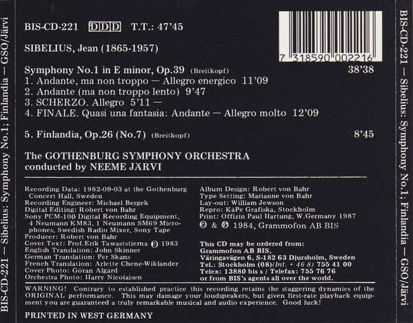 Jean Sibelius, GÃ¶teborgs Symfoniker / Neeme JÃ¤rvi - Symphony Nr. 1 E Minor Op. 39 / Finlandia Op. 26:7 (CD) Image