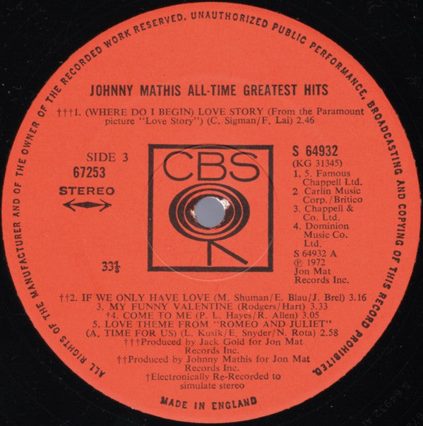 Johnny Mathis - Johnny Mathis' All-Time Greatest Hits (Vinyl) (2 LP) Image