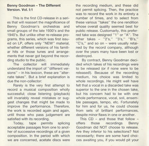 Benny Goodman - The Different Version, Vol. I: 40 Alternate Takes Of Recordings 1939-1940 (CD) (2 CD) Image