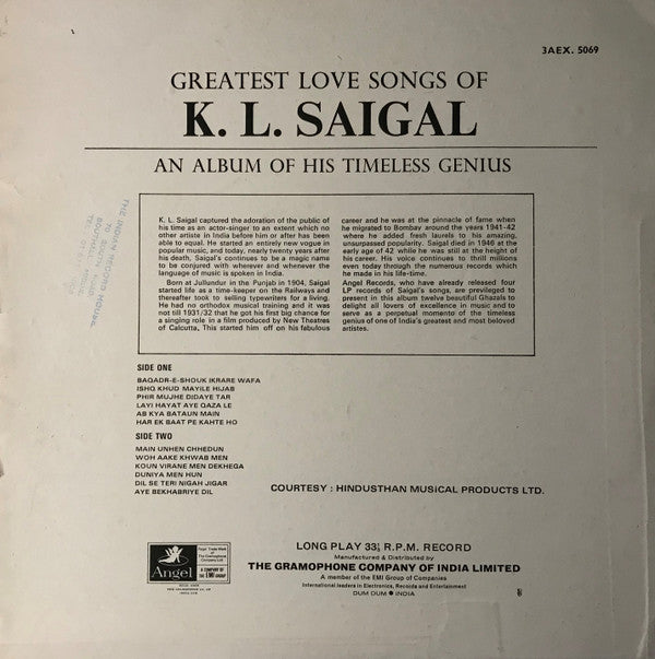K. L. Saigal - Greatest Love Songs Of K. L. Saigal (An Album Of His Timeless Genius) (Vinyl) Image