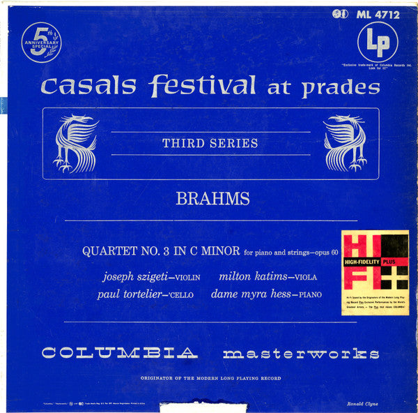 Johannes Brahms - Joseph Szigeti, Milton Katims, Paul Tortelier, Myra Hess - Casals Festival At Prades, Third Series (Quartet No. 3 In C Minor For Piano And Strings--Opus 60) (Vinyl) Image