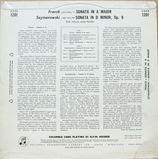 David Oistrach, Vladimir Yampolsky, CÃ©sar Franck / Karol Szymanowski - Sonata In A Major / Sonata In D Minor Op. 9 (Vinyl) Image