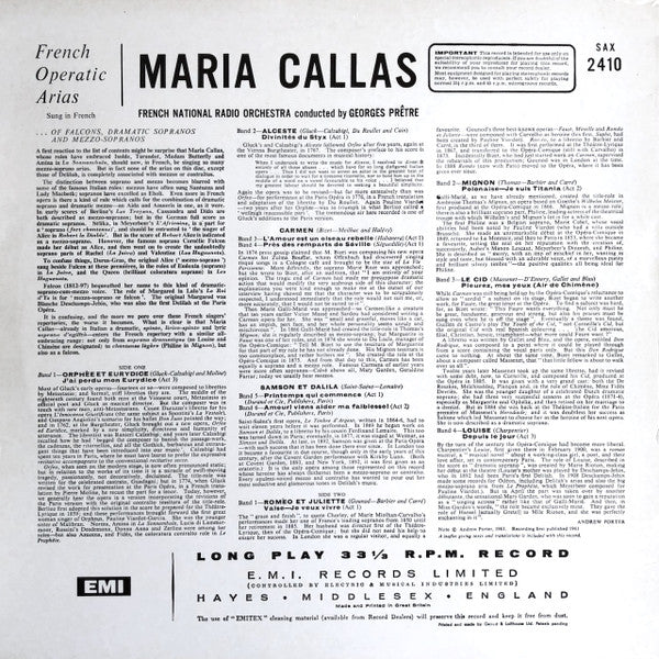 Maria Callas, Orchestre National De France Conducted By Georges PrÃªtre - French Operatic Arias (Vinyl) Image