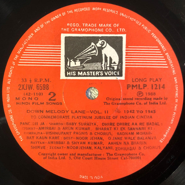 Various - Down Melody Lane (Hindi Film Songs) Vol. 1 & 2 (Vinyl) (2 LP) Image
