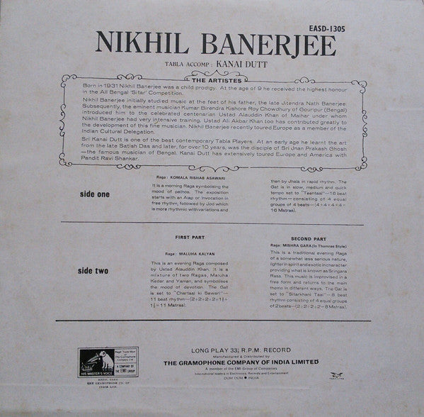 Nikhil Banerjee - Sitar - Komala Rishab Asawari (Vinyl) Image