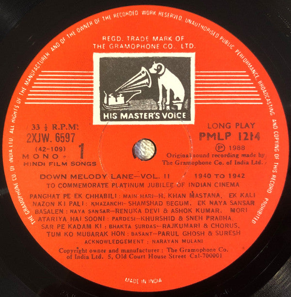 Various - Down Melody Lane (Hindi Film Songs) Vol. 1 & 2 (Vinyl) (2 LP) Image
