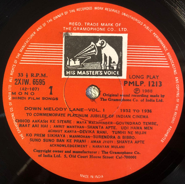 Various - Down Melody Lane (Hindi Film Songs) Vol. 1 & 2 (Vinyl) (2 LP) Image
