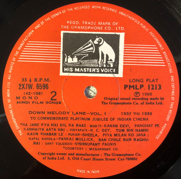 Various - Down Melody Lane (Hindi Film Songs) Vol. 1 & 2 (Vinyl) (2 LP) Image