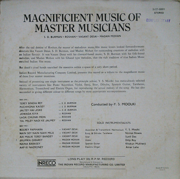 Y. S. Moolky - Magnificient Music Of Master Musicians   (Vinyl)
