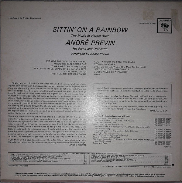 André Previn , Piano And André Previn And His Orchestra - Sittin' On A Rainbow - The Music Of Harold Arlen (Vinyl)