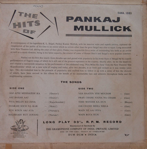 Pankaj Mullick - The Greatest Hits Of Pankaj Mullick (Vinyl)