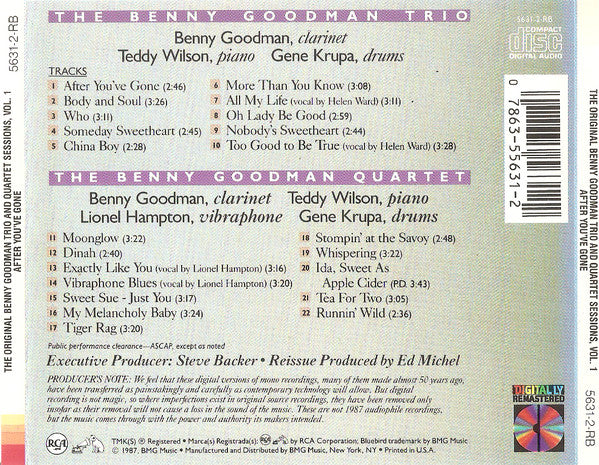 Benny Goodman - After You've Gone (The Original Benny Goodman Trio And Quartet Sessions - Vol. 1) (CD) Image