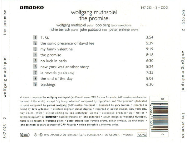 Wolfgang Muthspiel Featuring Bob Berg, Richard Beirach, John Patitucci, Peter Erskine - The Promise (CD) Image