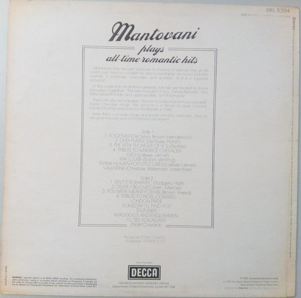 Mantovani - Mantovani Plays All-Time Romantic Hits (Vinyl) Image