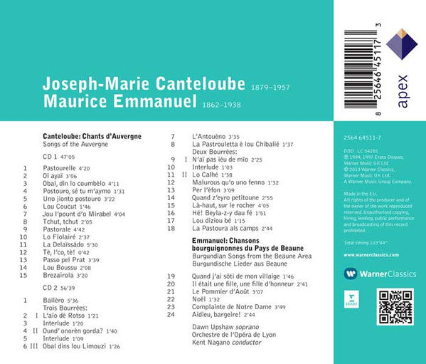 Dawn Upshaw, Orchestre De L'Opéra De Lyon, Kent Nagano, Joseph Canteloube, Maurice Emmanuel - Chants D'Auvergne; Chansons Bourguignonnes (CD) (2)