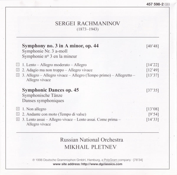 Sergei Vasilyevich Rachmaninoff ∙ Mikhail Pletnev, Russian National Orchestra - Symphony No. 3 ∙ Symphonic Dances (CD)