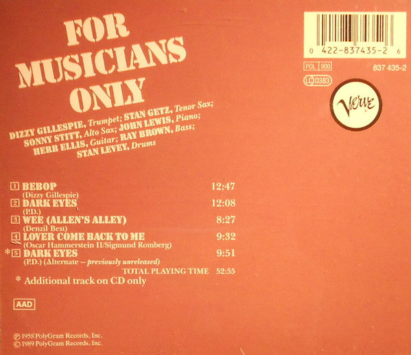 Dizzy Gillespie â€¢ Stan Getz â€¢ Sonny Stitt - For Musicians Only (CD) Image