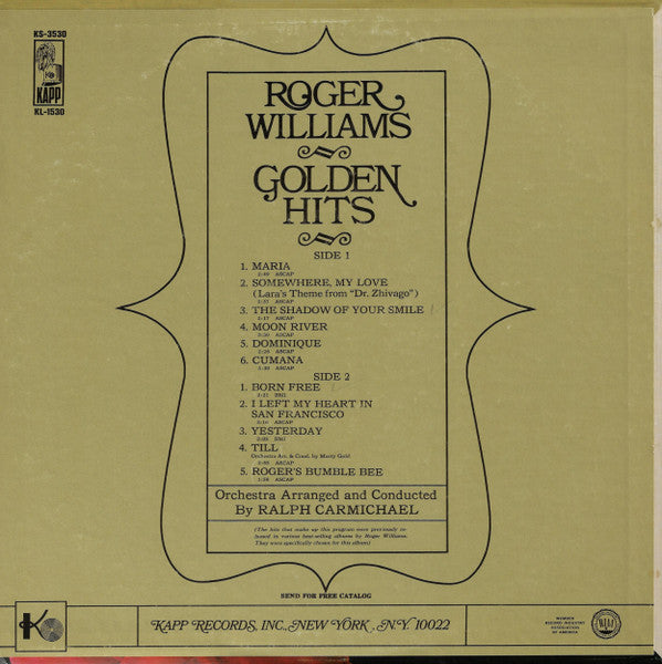 Roger Williams (2) - Golden Hits (Vinyl) Image