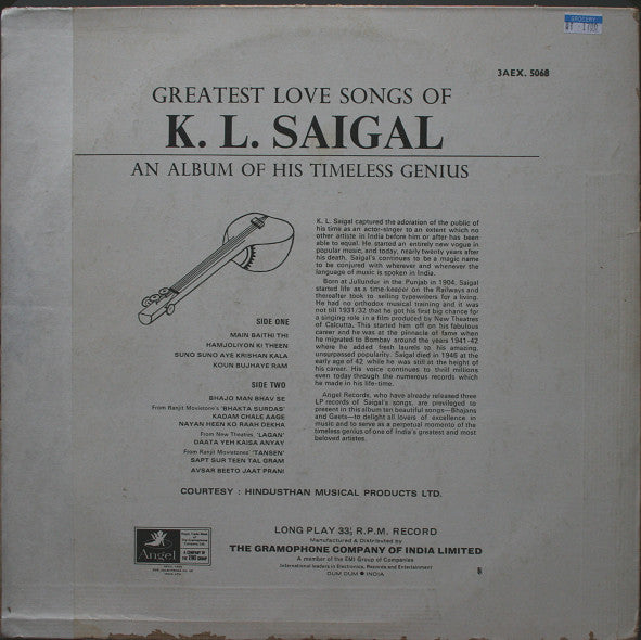 K. L. Saigal - Greatest Love Songs Of K.L. Saigal (An Album Of His Timeless Genius) - Vol. 1 (Vinyl) Image