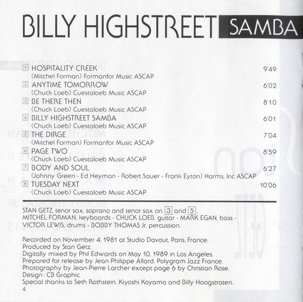 Stan Getz - Billy Highstreet Samba (CD) Image