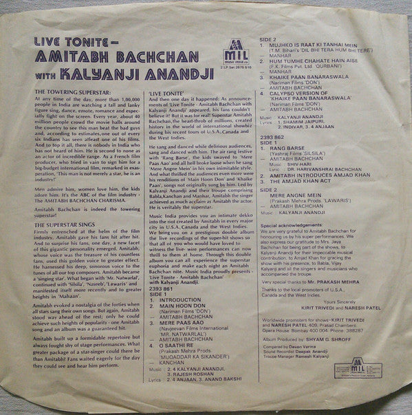 Amitabh Bachchan With Kalyanji-Anandji - Live Tonite (Vinyl) (2 LP) Image