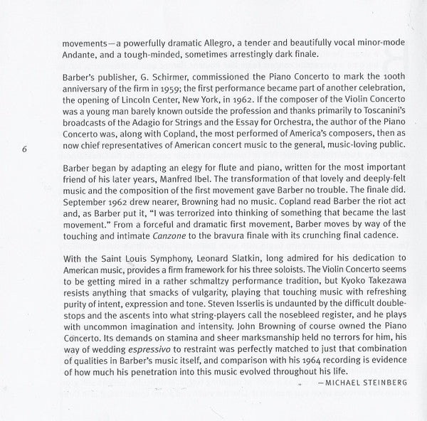 Samuel Barber, Kyoko Takezawa, Steven Isserlis, John Browning (2), Leonard Slatkin, Saint Louis Symphony Orchestra - Violin Concerto / Cello Concerto / Piano Concerto (CD)