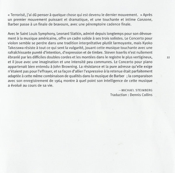 Samuel Barber, Kyoko Takezawa, Steven Isserlis, John Browning (2), Leonard Slatkin, Saint Louis Symphony Orchestra - Violin Concerto / Cello Concerto / Piano Concerto (CD)
