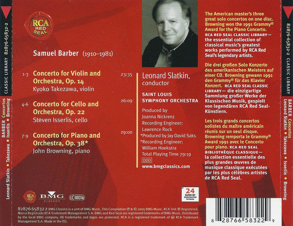 Samuel Barber, Kyoko Takezawa, Steven Isserlis, John Browning (2), Leonard Slatkin, Saint Louis Symphony Orchestra - Violin Concerto / Cello Concerto / Piano Concerto (CD)