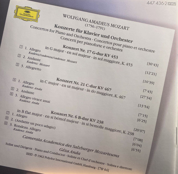 Wolfgang Amadeus Mozart / Camerata Academica Salzburg, Géza Anda - Klavierkonzerte = Piano Concertos Nos. 6, 17 & 21 (CD)