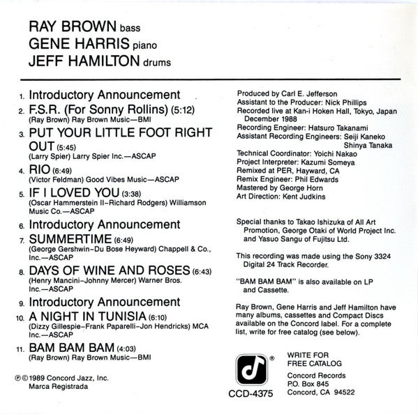 Ray Brown Trio Featuring Gene Harris & Jeff Hamilton - Bam Bam Bam (CD) Image