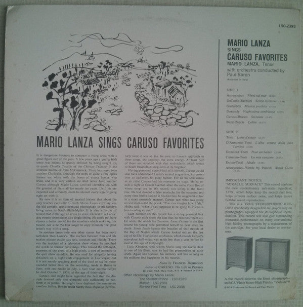 Mario Lanza - Sings Caruso Favorites (Vinyl) Image