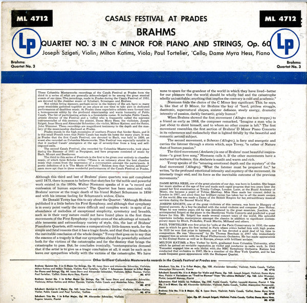 Johannes Brahms - Joseph Szigeti, Milton Katims, Paul Tortelier, Myra Hess - Casals Festival At Prades, Third Series (Quartet No. 3 In C Minor For Piano And Strings--Opus 60) (Vinyl) Image