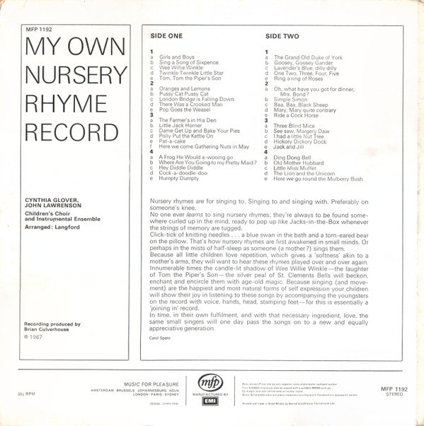 Cynthia Glover / John Lawrenson With Children's Choir (2), The - My Own Nursery Rhyme Record (Vinyl) Image
