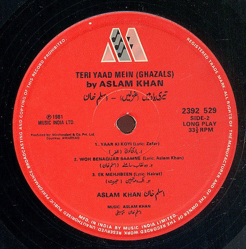 Aslam Khan - Teri Yaad Mein - Ghazals (Vinyl) Image