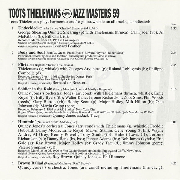 Toots Thielemans - Verve Jazz Masters 59 (CD) Image