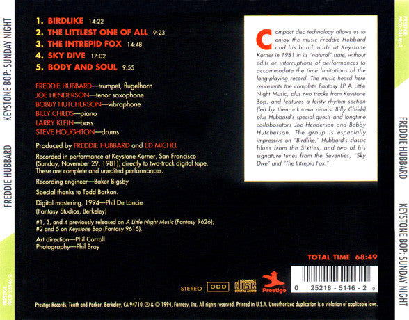 Freddie Hubbard - Keystone Bop: Sunday Night (CD) Image