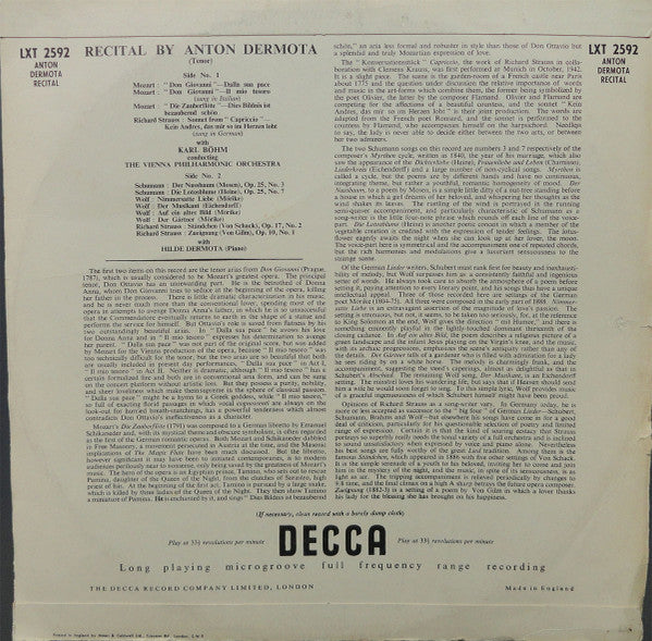 Anton Dermota, Robert Schumann, Hugo Wolf, Richard Strauss, Wolfgang Amadeus Mozart - Reicital (Vinyl) Image