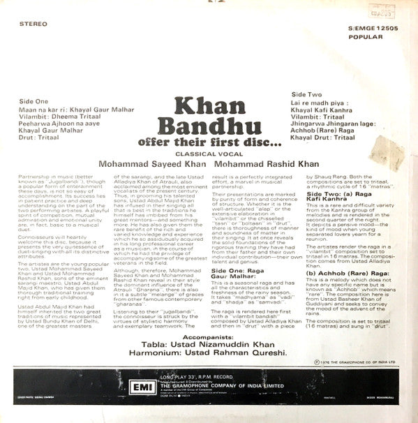 Khan Bandhu, Mohammad Sayeed Khan, Ustad Mohammad Rashid Khan - Khan Bandhu Offer Their First Disc… (Classical Vocal) (Vinyl)