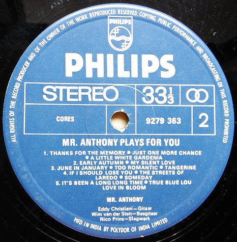 Mr. Anthony - Mr. Anthony Plays For You...Romantic Piano Favourites (Vinyl)